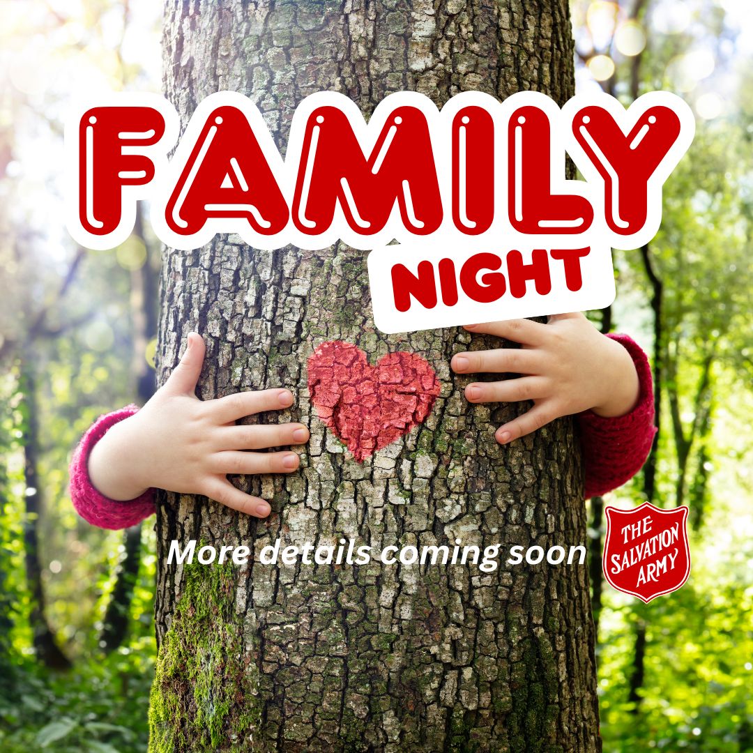 Child hugging tree with words - Family night - more details coming soon