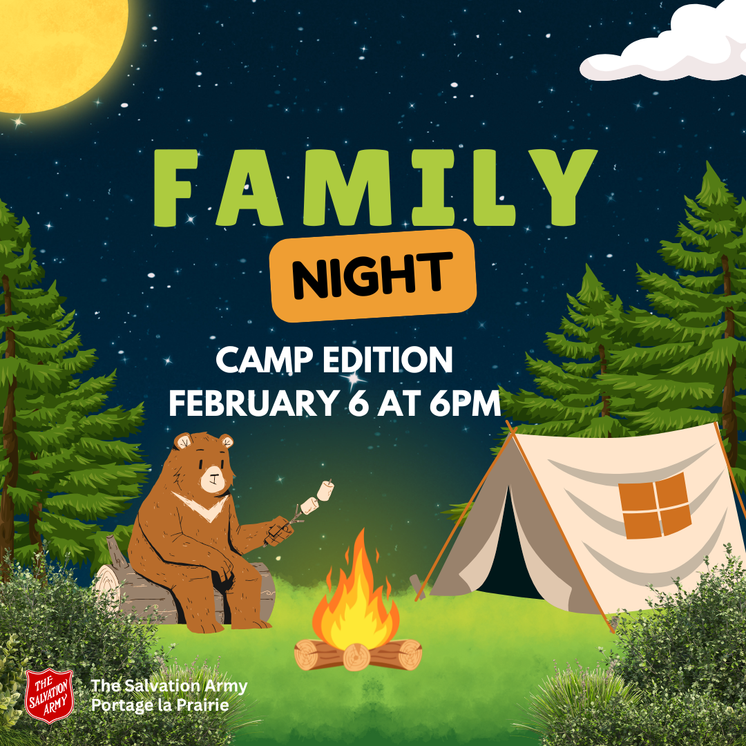 Bear sitting on log roasting marshmallow with words Family Night Camp Edition